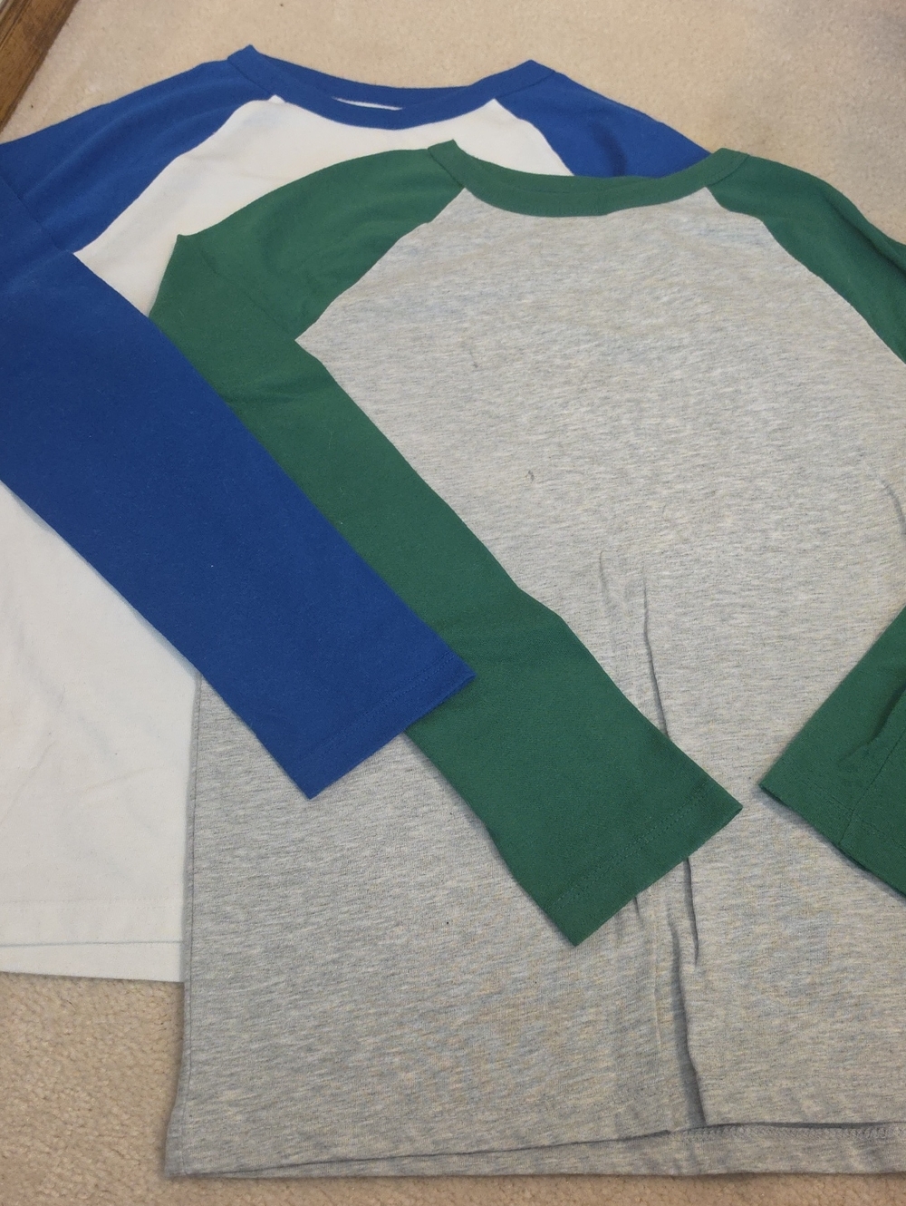 2 GapKids Raglan Long-Sleeve Shirts - Blue With White & Gray with Green Sleeves